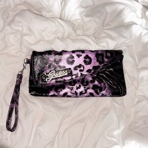 Guess Purple Black Sliver Leopard Clutch Wristlet Bag
